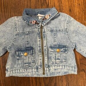 Little Lass Girls Blue Denim Jacket With Floral Embroidery Size 5 100% Cotton